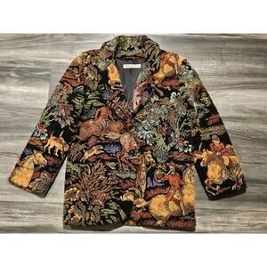 Donnybrook Vintage Faux Fur Coat Multicolor Hunting Scene Size L/XL Made In USA